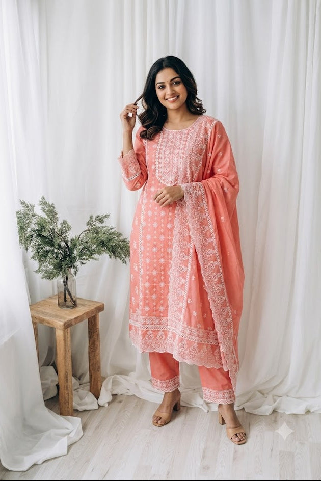PEACH CHIKANKARI KURTI SET-1700