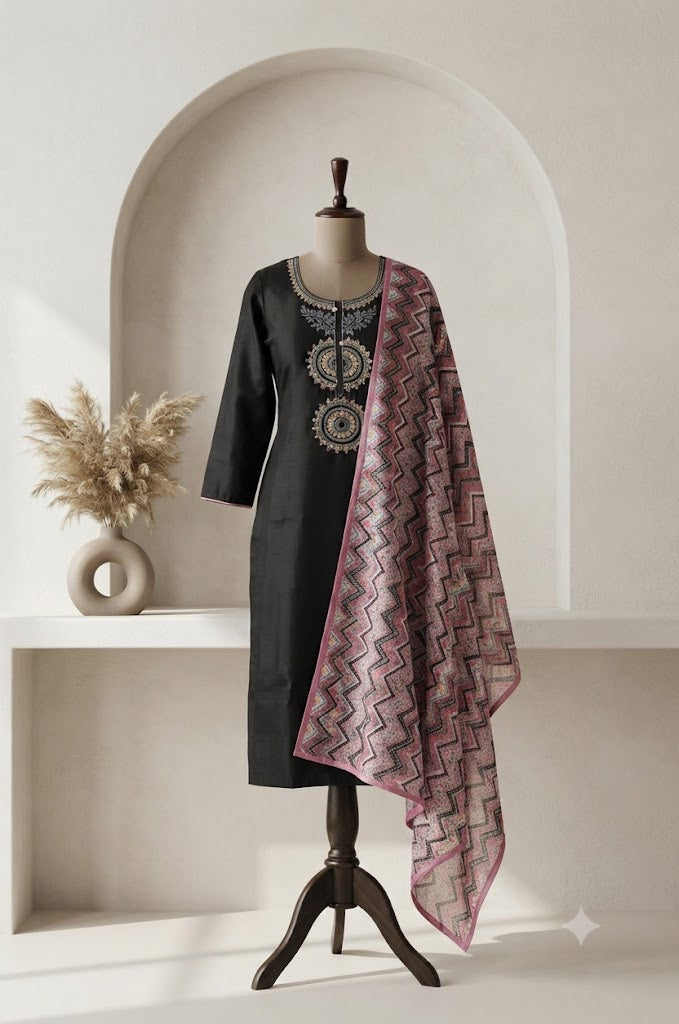 BLACK SILK ETHNIC SUIT-1144
