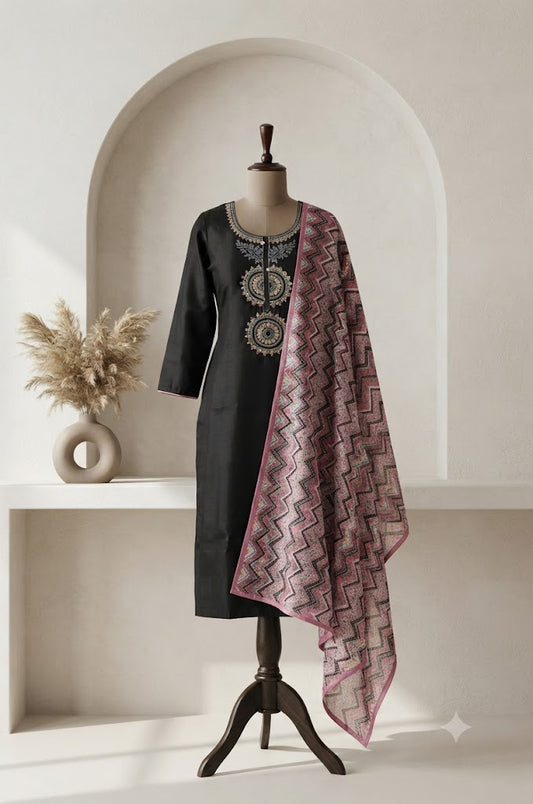 BLACK SILK ETHNIC SUIT-1144