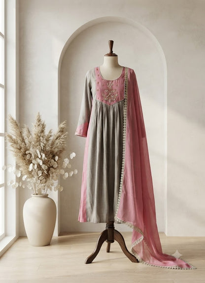 GREY CHANDERI ETHNIC SUIT-1791