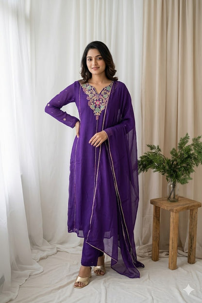 PURPLE CHINON ETHNIC SUIT-2067