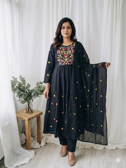 BLACK FLORAL KURTI SET-1640