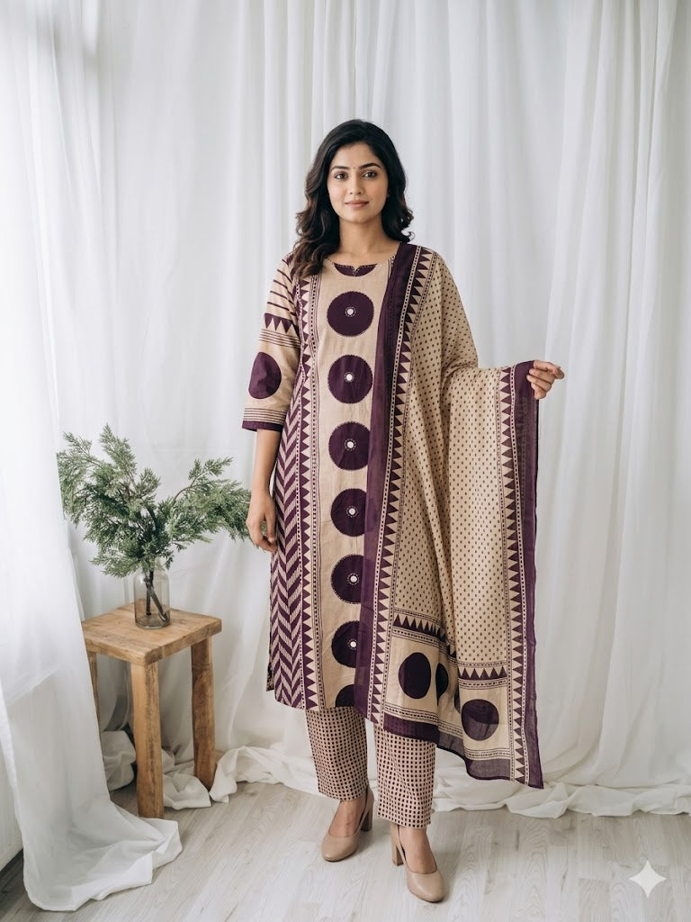 CREAM PRINT  KURTI SET-1620