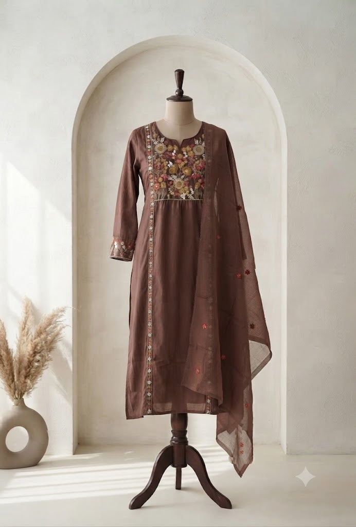 BROWN FLORAL KURTI SET-1752