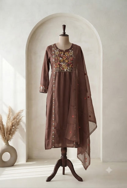 BROWN FLORAL KURTI SET-1752