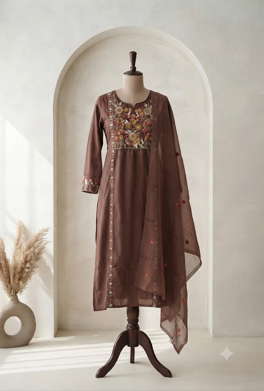 BROWN FLORAL KURTI SET-1752