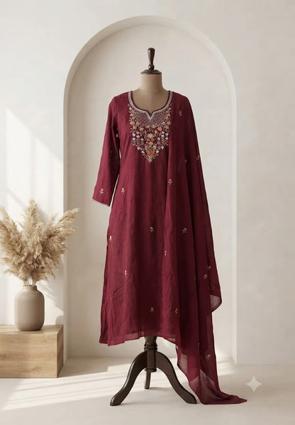 MAROON CHANDERI ETHNIC SUIT-1742