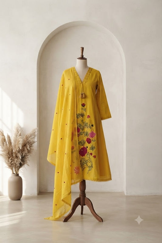 MULBLOOM YELLOW KURTI SET-1702