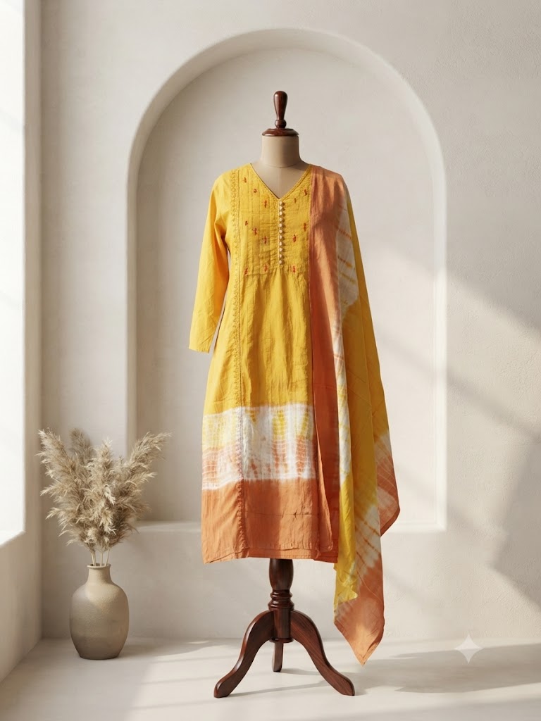 YELLOW ORANGE TIE & DYE KURTI SET-1798