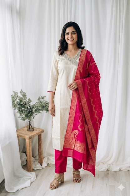 FUSION HUES CREAM ETHNIC SUIT-1568