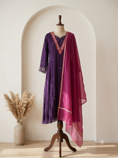 PURPLE MUL CHANDERI ETHNIC SET-1871
