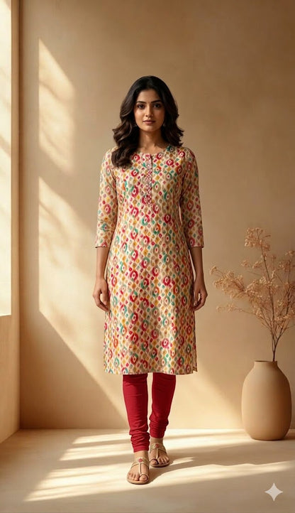 CREAM SPARKLE KURTI-6007