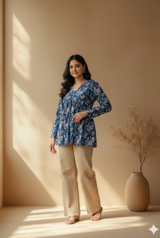 BLUE FLORAL PEPLUM KURTI-5020