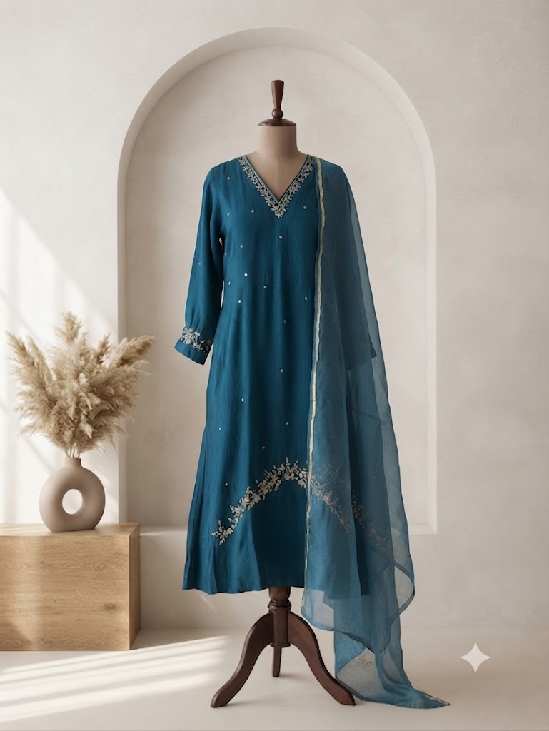 BLUE CHANDERI ETHNIC SUIT-1414