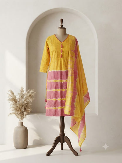 YELLOW PINK TIE & DYE KURTI SET-1796