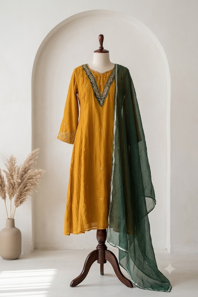 YELLOW MUL CHANDERI ETHNIC SET-1871
