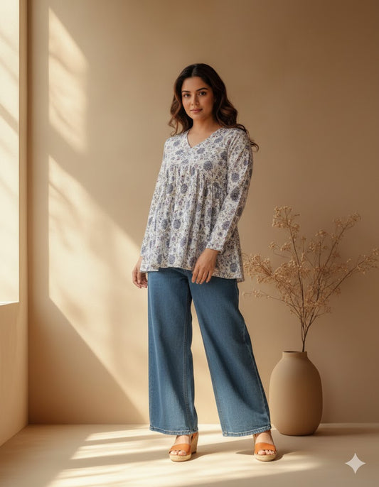 WHITE FLORAL PEPLUM KURTI-5020