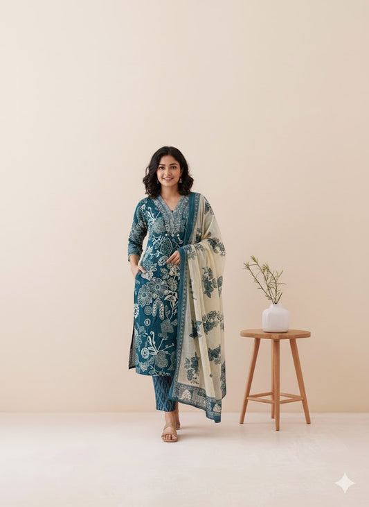 TEAL FLORAL KURTI SUIT-1330