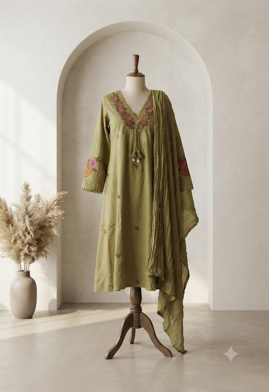GREEN FLORAL KURTI SET-1696