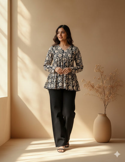 BLACK FLORAL PEPLUM KURTI-5020