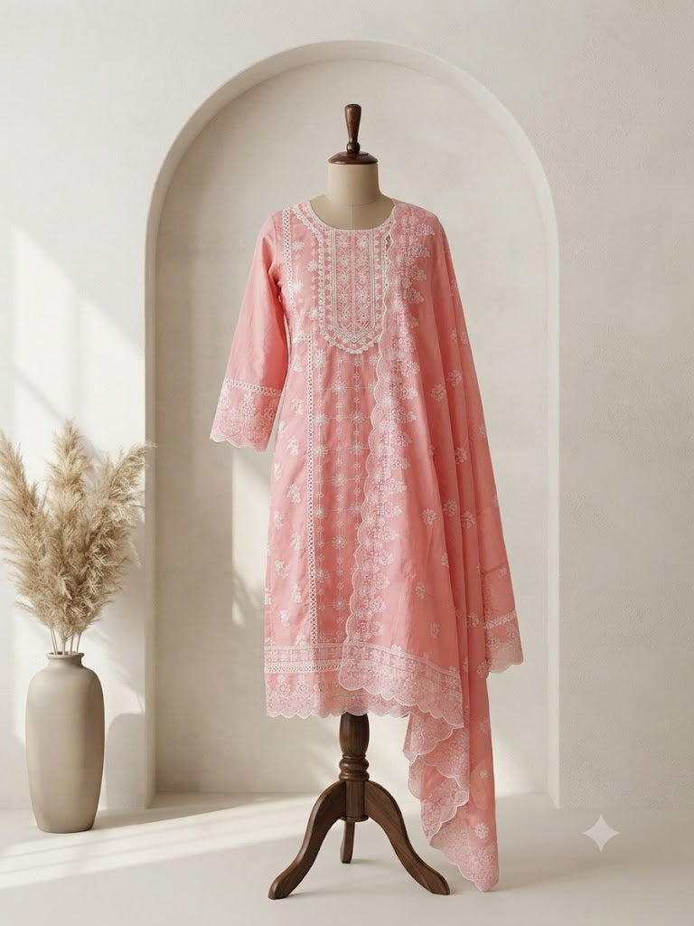 PEACH CHIKANKARI KURTI SET-1700