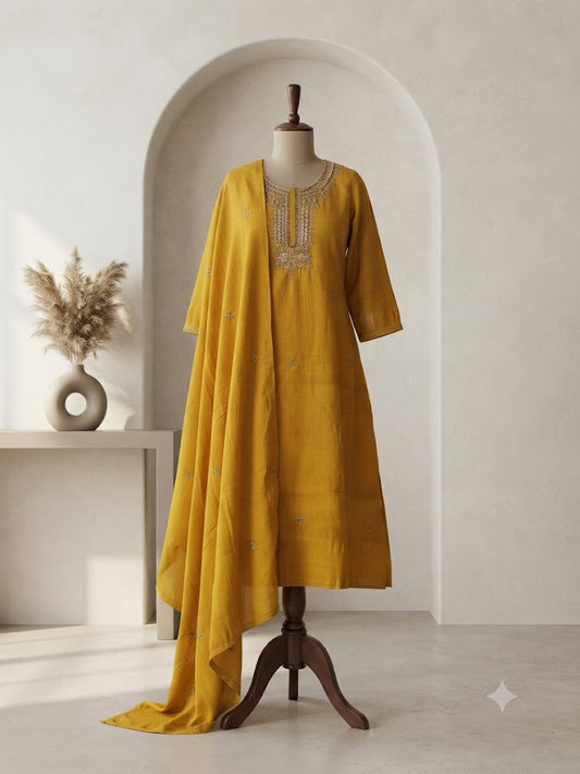 YELLOW CHANDERI ETHNIC SUIT-1725