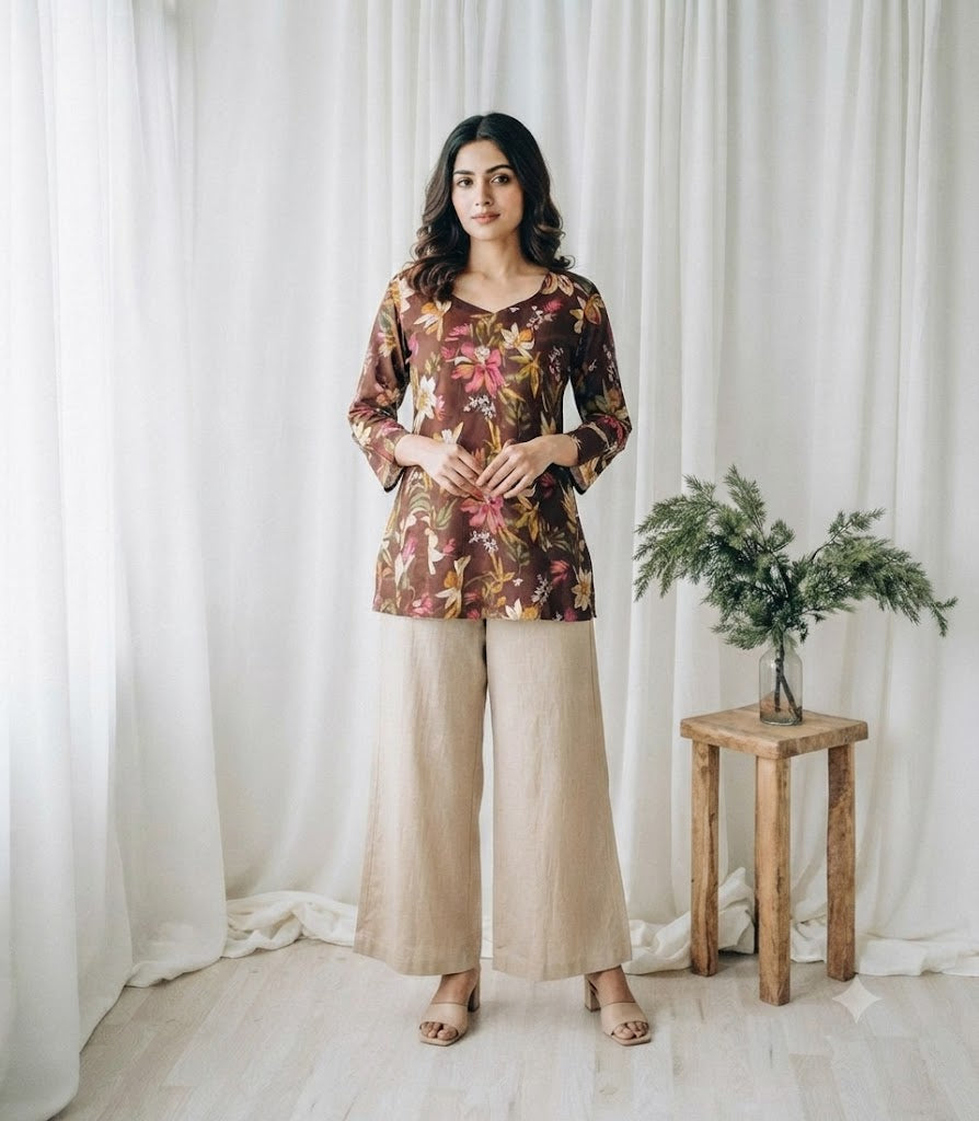 BROWN FLORAL SHORT KURTI-6113