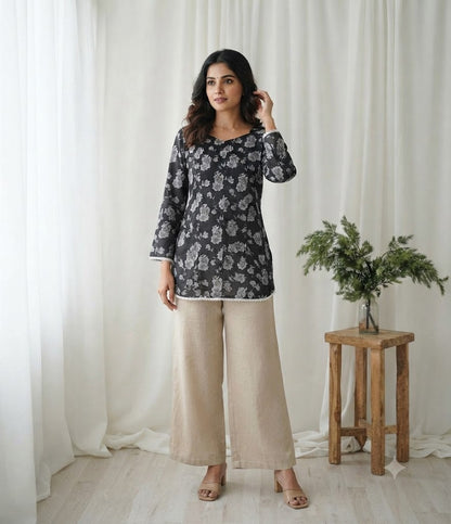 BLACK FLORAL SHORT KURTI-6114