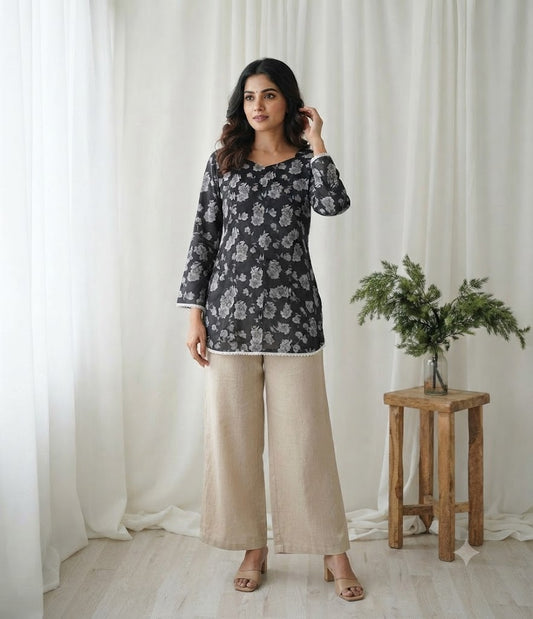 BLACK FLORAL SHORT KURTI-6114