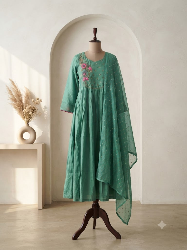 MINT GREEN CHANDERI ETHNIC SUIT-1731
