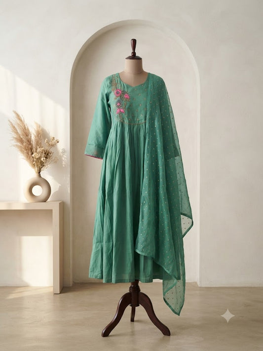 MINT GREEN CHANDERI ETHNIC SUIT-1731