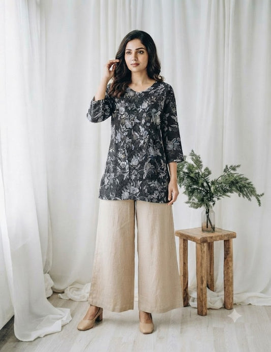 BLACK FLORAL SHORT KURTI-5023