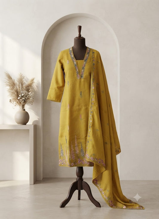 YELLOW CHANDERI ETHNIC SUIT-1709