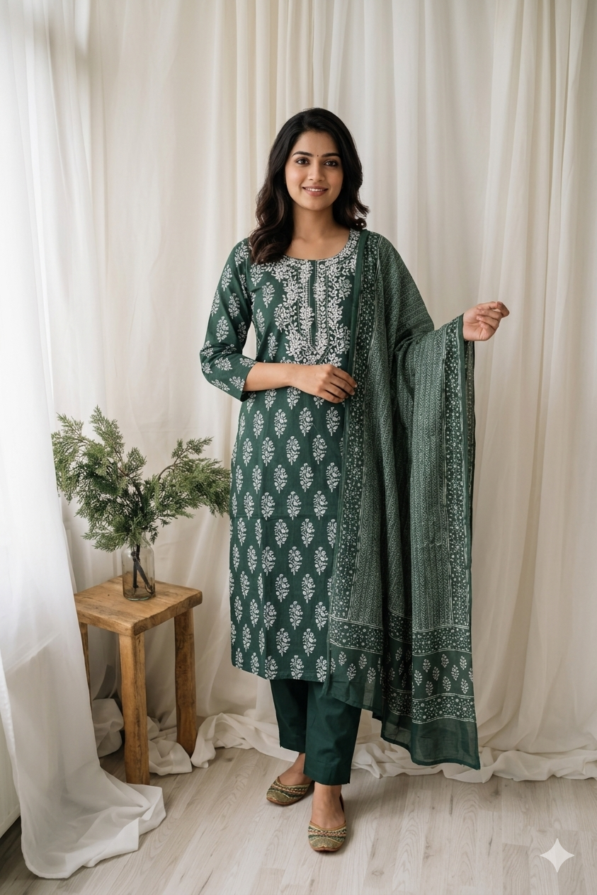 GREEN PRINT TW KURTI SET-1512