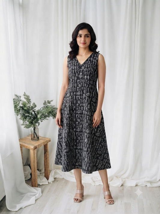 INDIE PRINT DRESS  BLACK-6109
