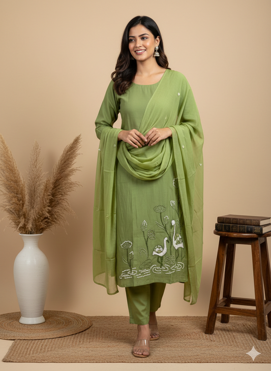 OLIVE THREAD ETHNIC SUIT - 1416