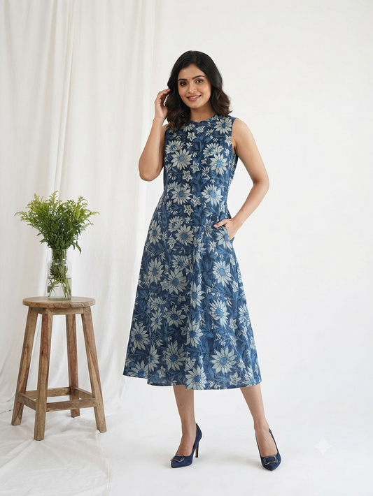 INDIE PRINT DRESS  BLUE-6107