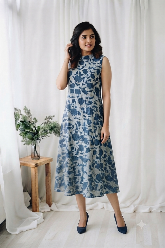 INDIE PRINT KANTHA DRESS  BLUE-6101