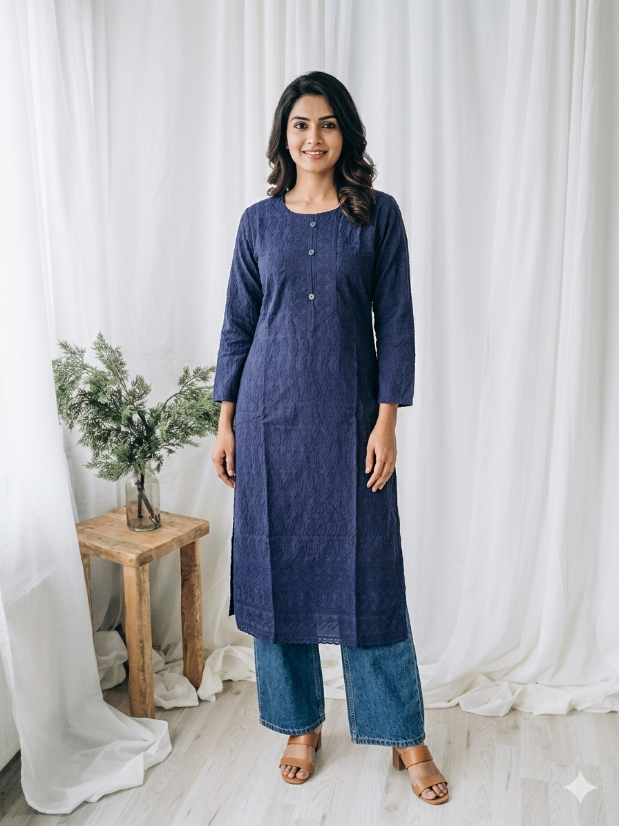 BLUE CHIKANKARI KURTI-1505