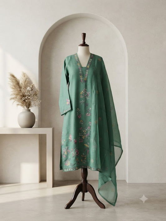 MINT GREEN CHANDERI ETHNIC SUIT-1710