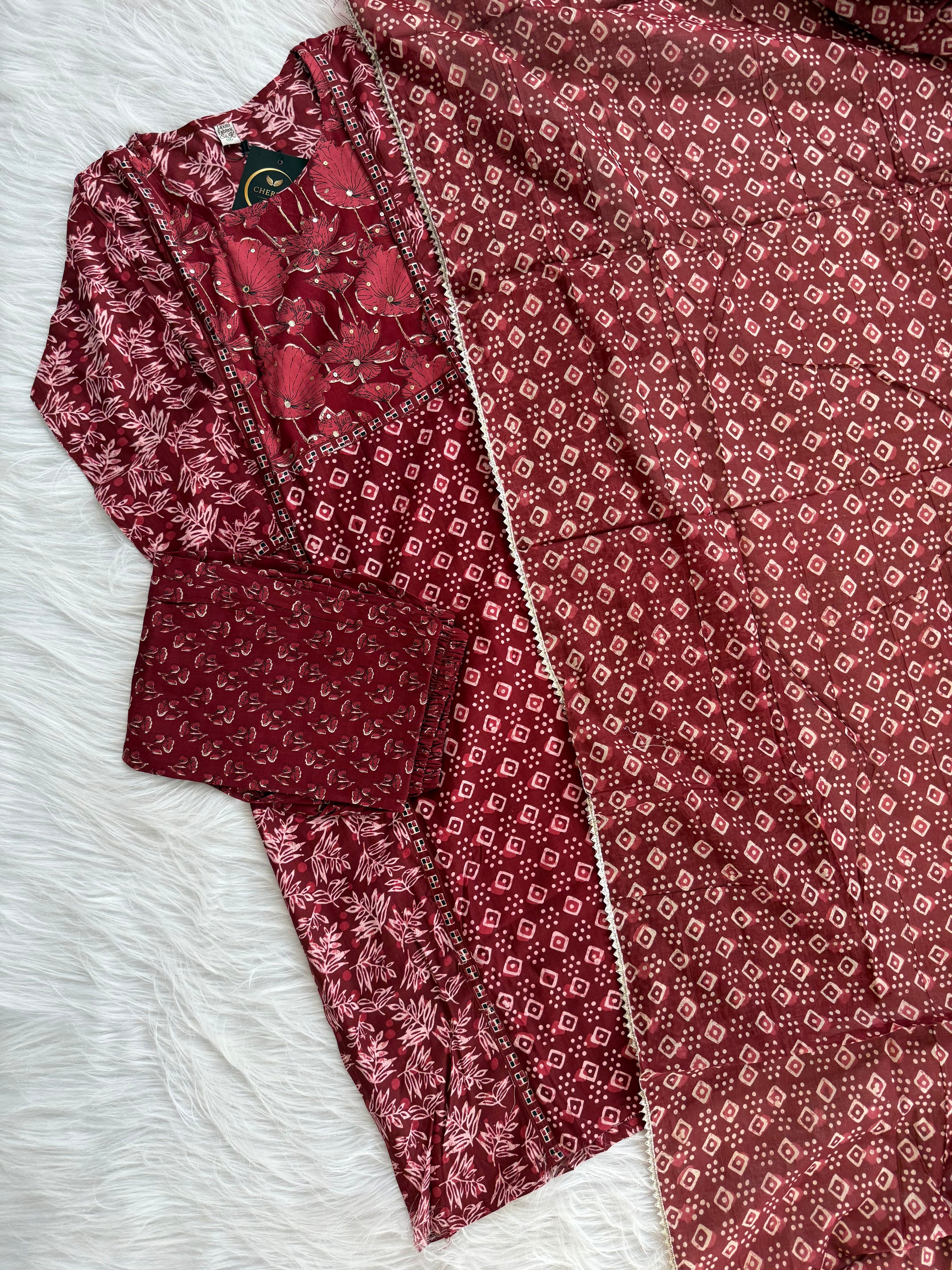 FLORAL PANEL MAROON KURTI SUIT-1328