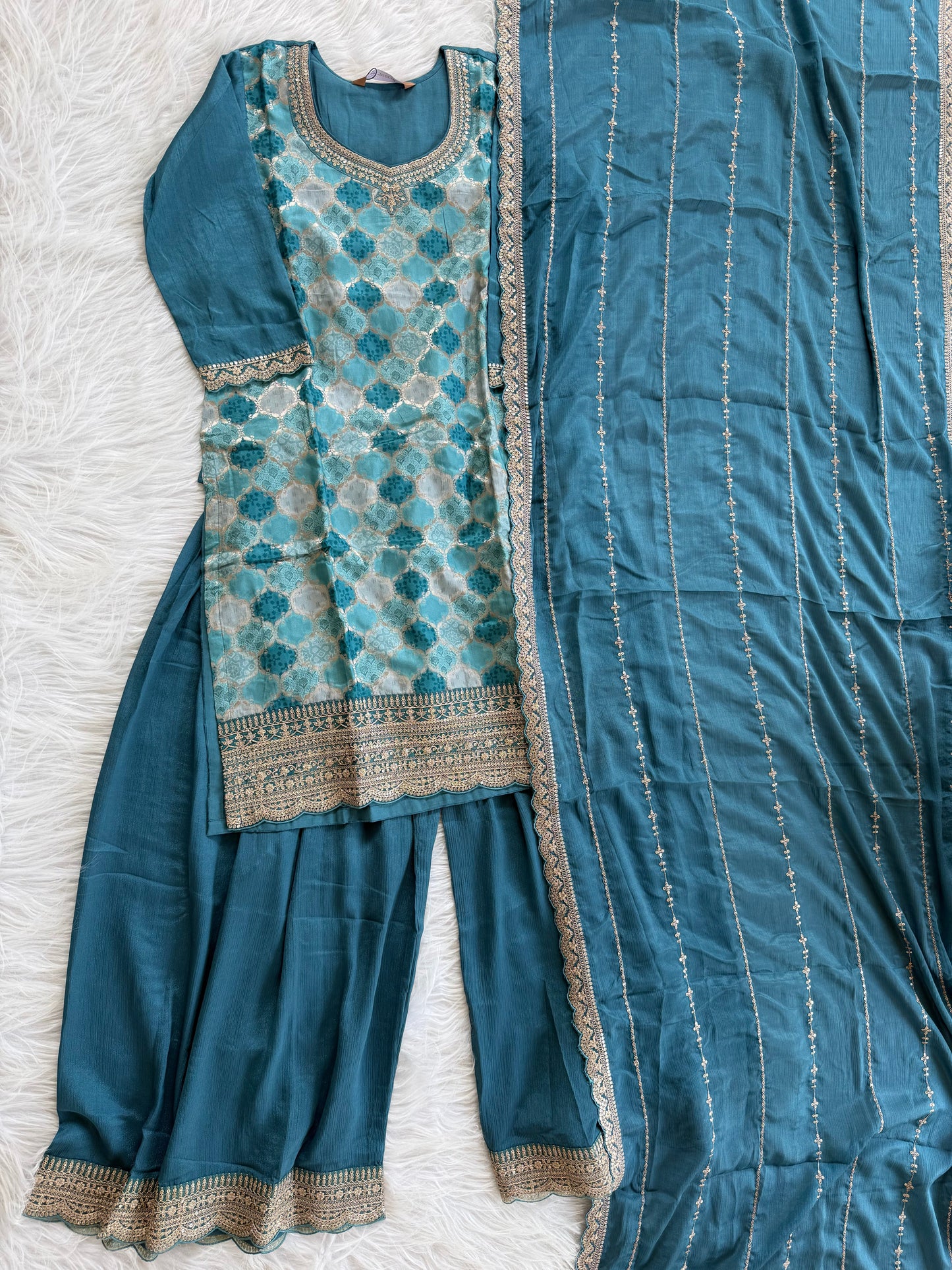 JACQUARD BLUE SHARARA SUIT-1355