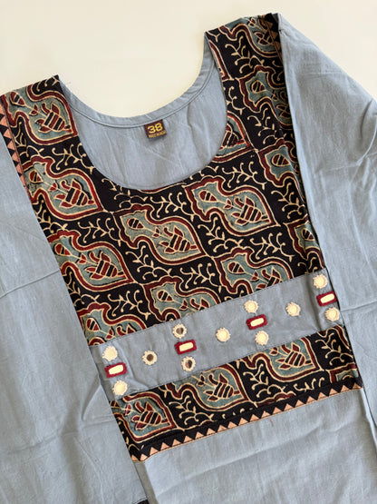 AJRAKH MIRROR GREY KURTI-6089