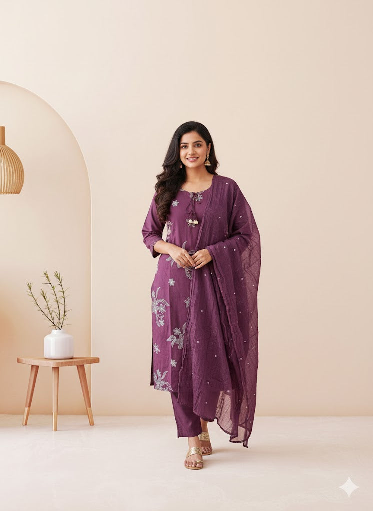 WINE FLORAL KURTI SET-1283