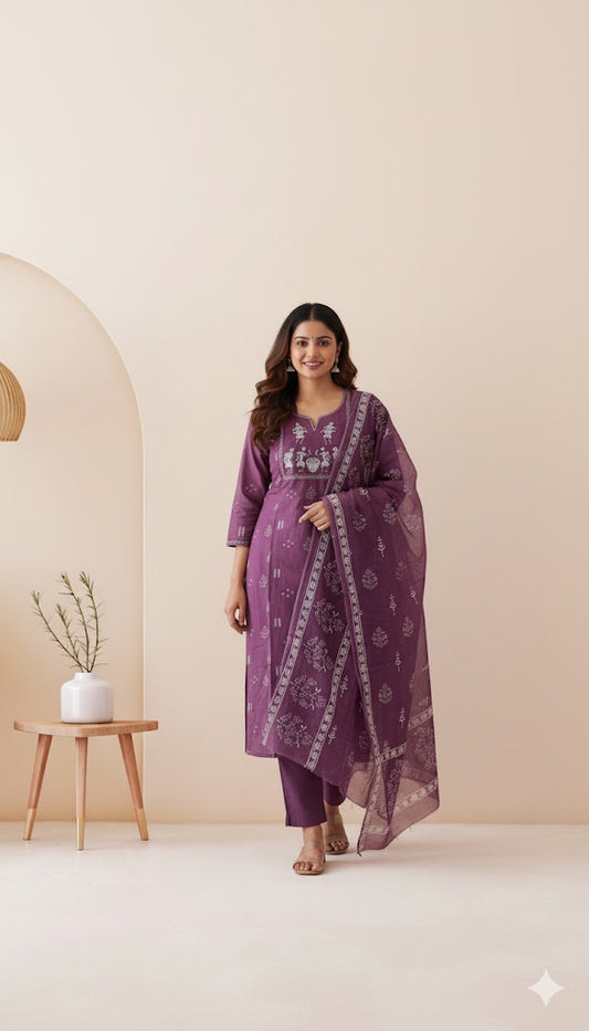 PURPLE TRIBAL KURTI SET-1290