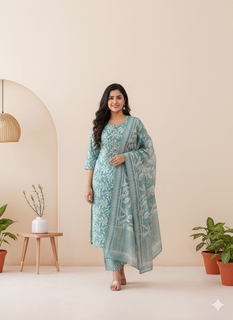 CASUAL COMFORT TEAL BLUE KURTI SET-1363