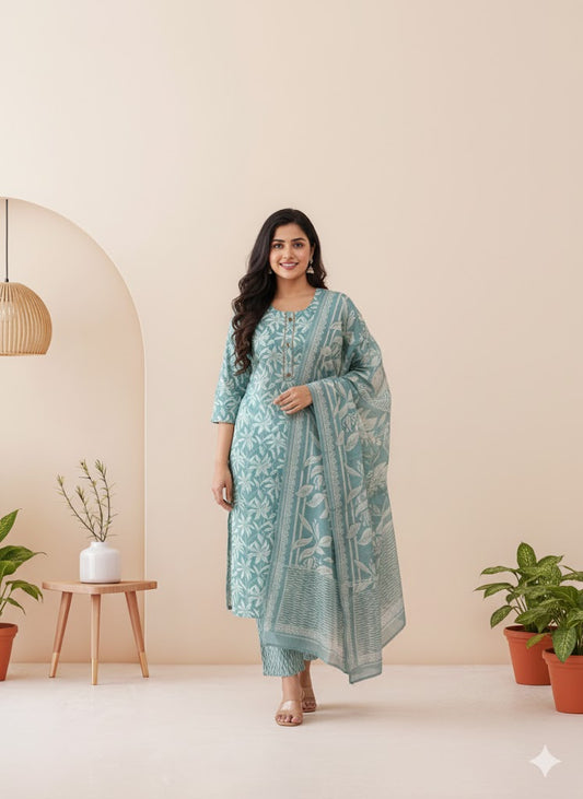 CASUAL COMFORT TEAL BLUE KURTI SET-1363