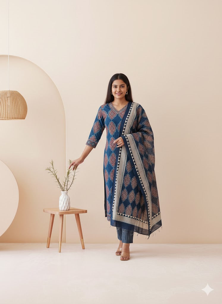 INDIGO AJRAKH KURTI SUIT-1331