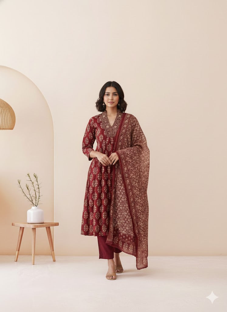 MAROON BLOOM KURTI SUIT-2037