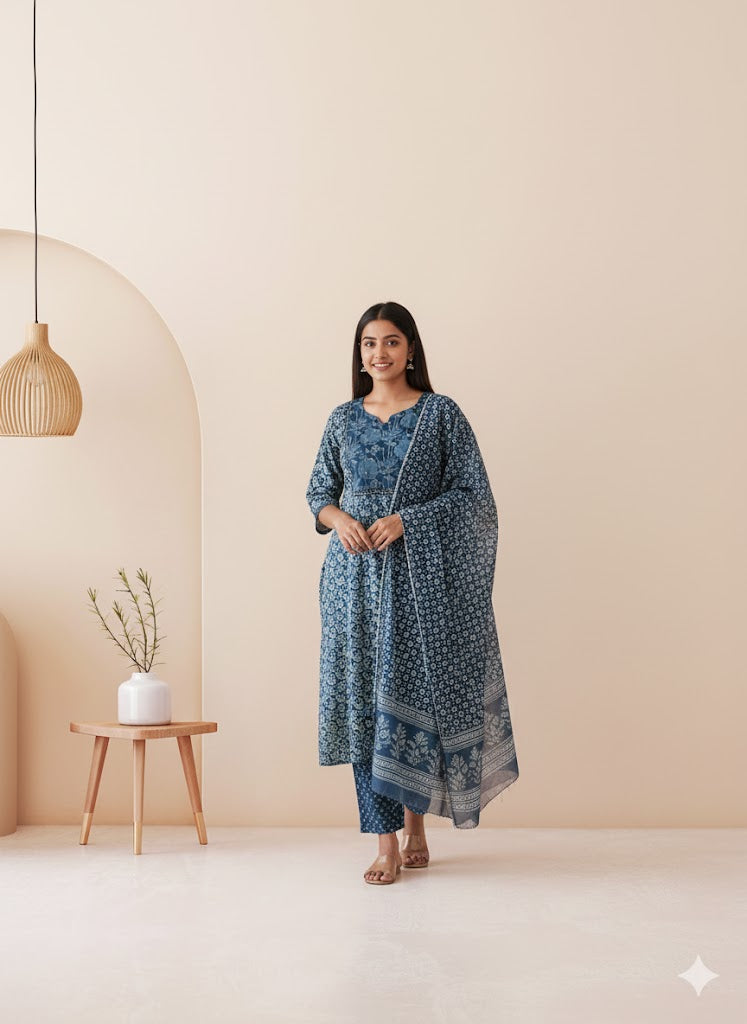 FLORAL PANEL BLUE KURTI SUIT-1332